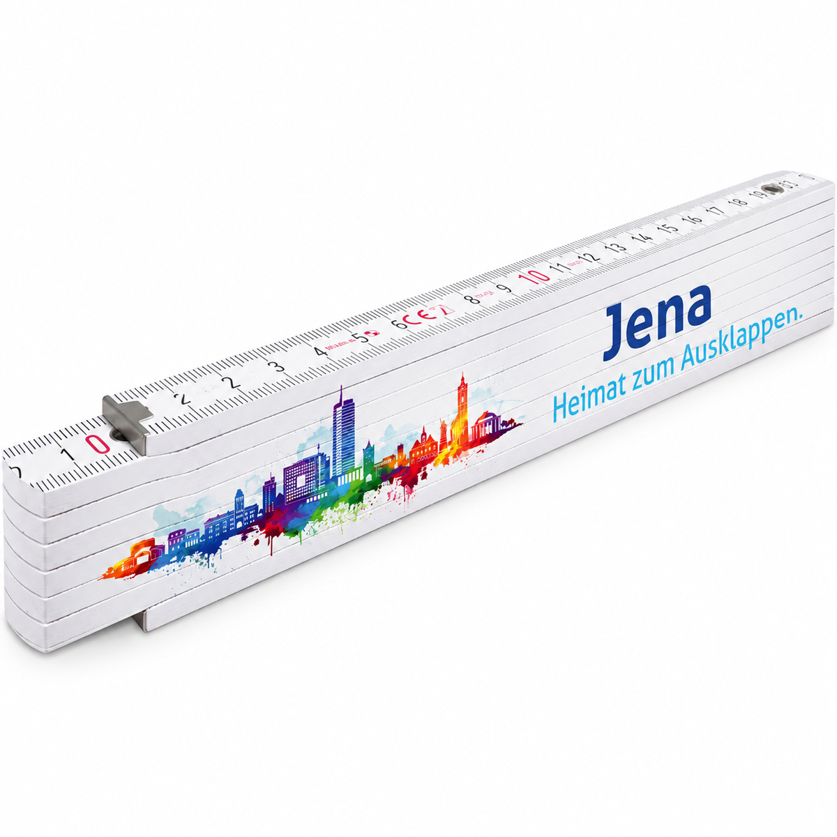 Weißer 2-Meter-Zollstock mit bunter Jena Skyline und Jentower