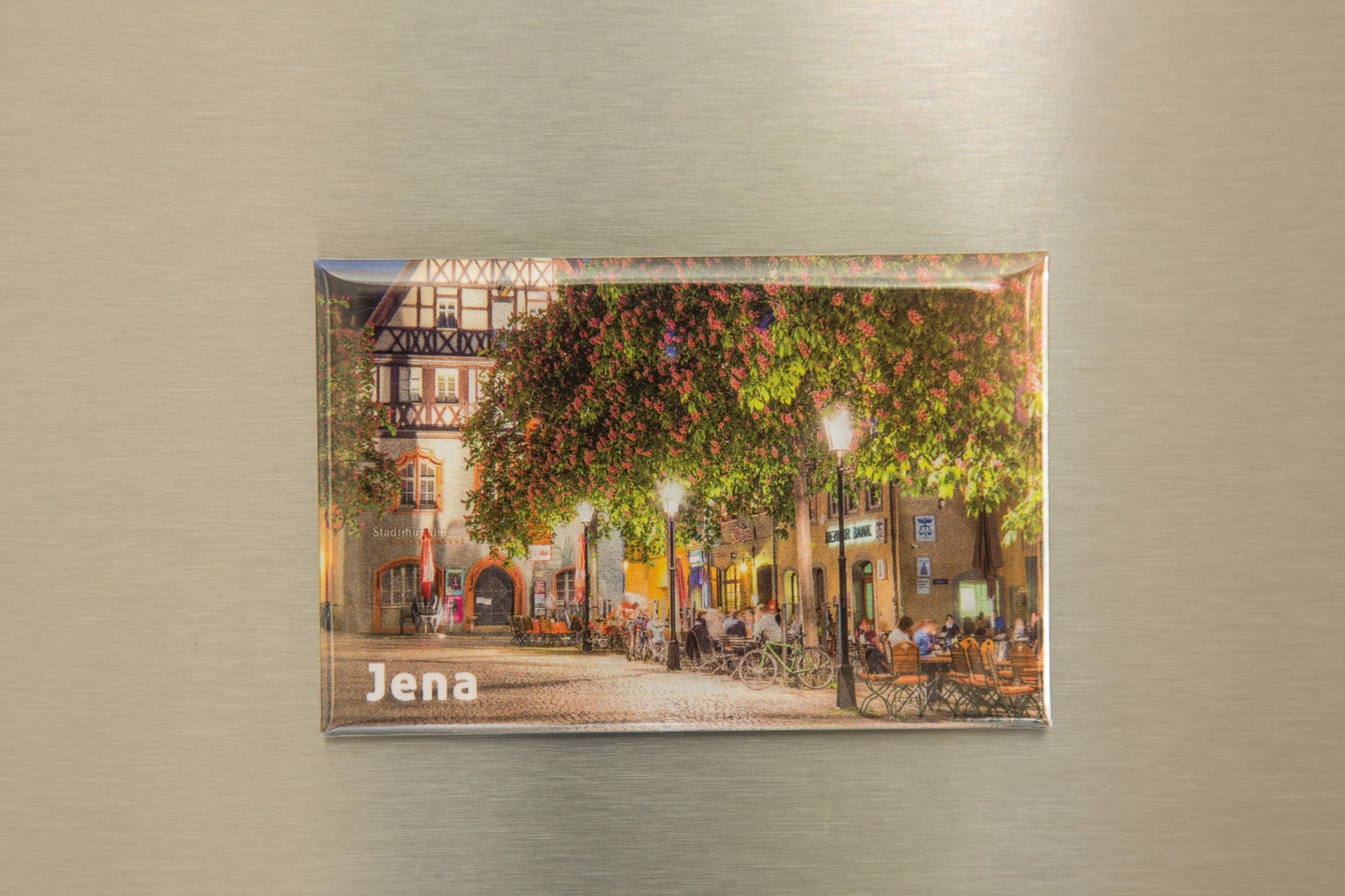 Kühlschrankmagnet Marktplatz Jena mit Kastanienblüte und Stadtmuseum (111)